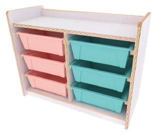 雙排多功能教具櫃-收納盒6小-樺木+白色美耐板