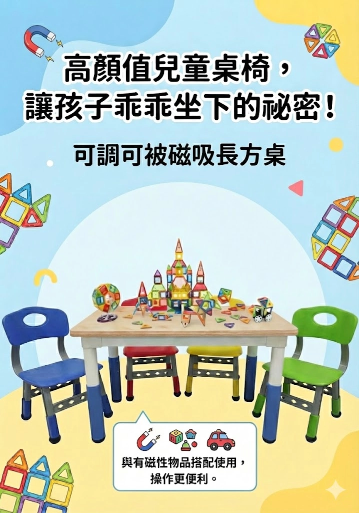 可調可被磁吸長方桌(一桌二椅)